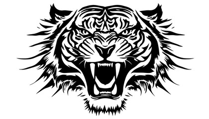 A fierce and powerful tiger head, rendered in a bold black and white tribal vector style, roars intensely, perfect for graphic design projects.