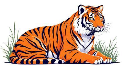 Obraz premium A majestic orange and black striped tiger, depicted in a detailed vector illustration, gracefully rests amidst green grass on a clean white background.