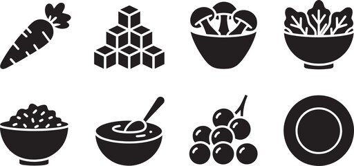 Healthy food icon set for nutrition, vegetables, grains, fruits, meals, and culinary design projects