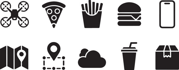 Food delivery icon set for mobile apps, drone service, fast food, location, and digital logistics