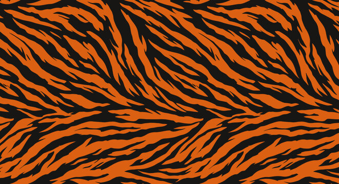 A vibrant and detailed seamless tiger stripe pattern, rendered in classic orange and black as a versatile vector graphic, perfect for backgrounds and design.