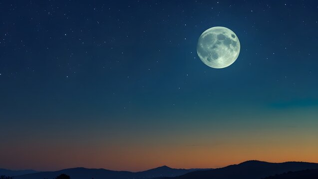 A full moon shines brightly in the clear night sky over a silhouetted mountain range under a blanket of stars