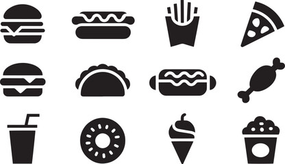 Fast food icon set for burger, pizza, snacks, drinks, sweets, menu design, and food branding visuals