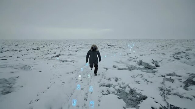 Person wearing parka treks through a snow-covered landscape, following luminous symbols