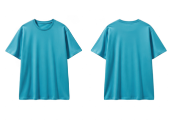 Light blue short sleeve tshirt with round neckline, front and back view, isolated on transparent background