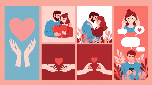 Collection of Valentines Day themed illustrations showcasing love and connection. - Powered by Adobe