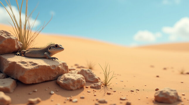 A serene desert scene with a small spiky izard