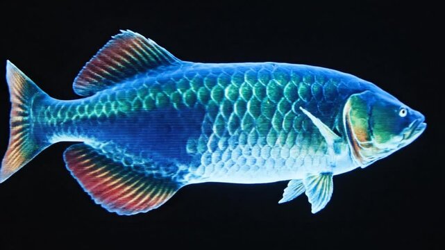 Holographic Arapaima gigas Animation &ndash; Realistic Natural Movement with Clean Black Background, High Detail Futuristic