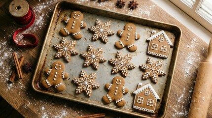 Gingerbread men cookies on a baking sheet.