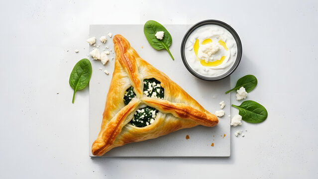 Savory triangular spinach and feta cheese pastry with a creamy yogurt dip.