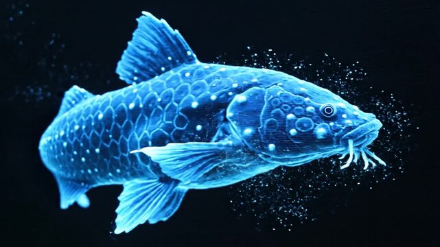 Holographic Hypostomus plecostomus Animation &ndash; Realistic Natural Movement with Clean Black Background, High Detail Futuristic