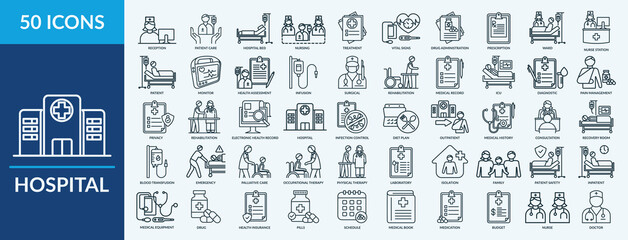 Hospital icon set. Containing reception, patient care, drug administration, doctor, nurse and more. Outline vector icons collection