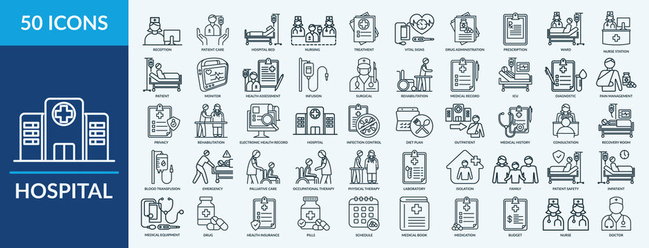 Hospital icon set. Containing reception, patient care, drug administration, doctor, nurse and more. Outline vector icons collection