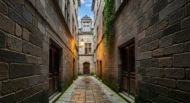 Narrow stone alleyway in a historic European old town.