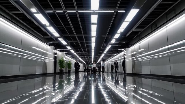 Modern architectural hallway with people creating multiple symmetrical reflections on the shiny floor, forming an abstract and futuristic visual pattern