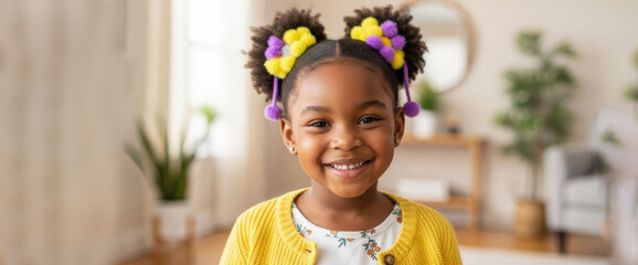 Portrait of Smiling Young African American Girl with Colorful Flower Hair Clips Happy Childhood Youth Lifestyle Home Interior Casual Yellow Cardigan