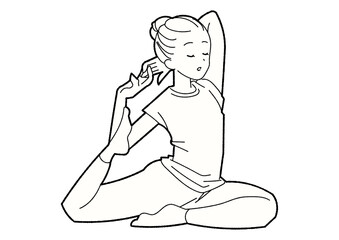 ヨガで後屈ポーズをとる女性 線画 目を閉じる