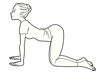 牛のポーズをする女性のモノクロ線画イラスト