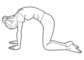 猫のポーズをする女性のモノクロ線画イラスト