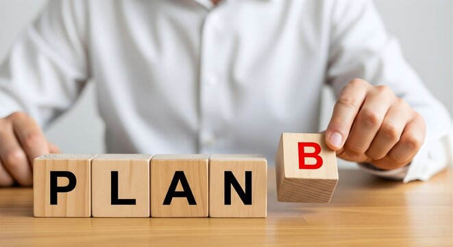 Business Strategy Word Plan With Letter B Wooden Blocks Arranged by Businessman Planning Steps to Project With Business Development Idea Vision