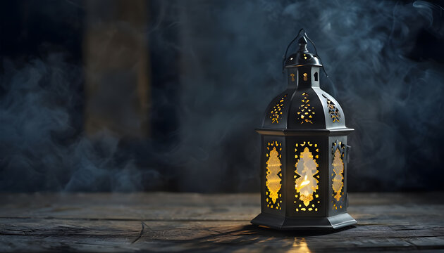 Dark & Moody Fanoos Lantern with Incense Smoke on Rustic Wood for Ramadan - Powered by Adobe