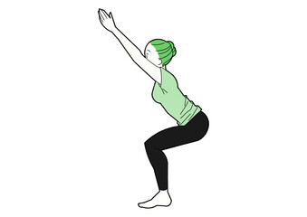 チェアポーズ　ヨガをする女性　緑のTシャツ