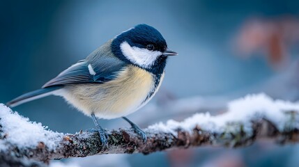 Obraz premium Great Tit bird perched on a snow-covered branch in a winter forest setting.