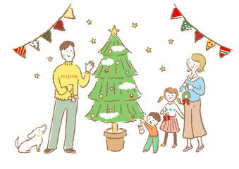 クリスマスの飾りつけをしている家族四人のイラスト