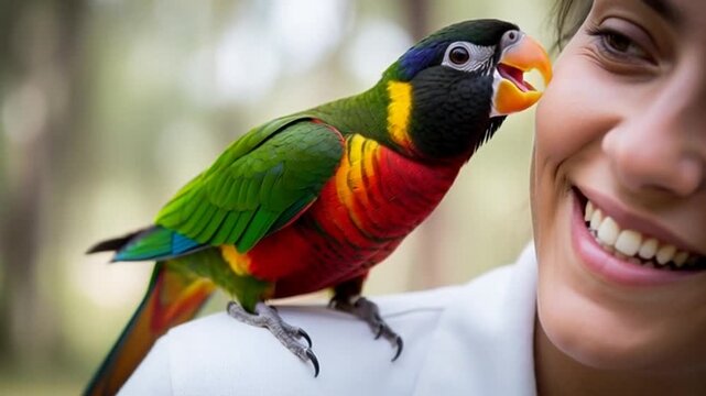 A colorful parrot perched on a womans shoulder, interacting playfully.