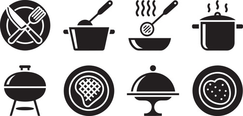 Cooking and kitchen icon set vector – cookware, pots, grill, and utensils black silhouette collection for restaurant, food, or culinary design