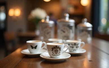 Elegant coffee service area featuring espresso cups at a business event with blurred background. High quality