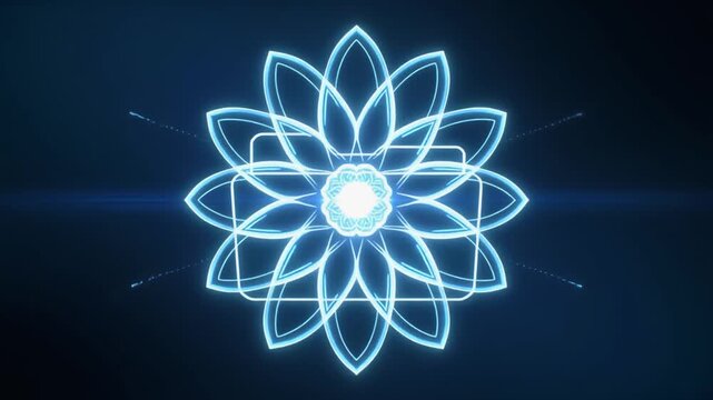 Abstract glowing blue geometric lotus flower pattern with central light on a dark background, representing technology and spirituality.