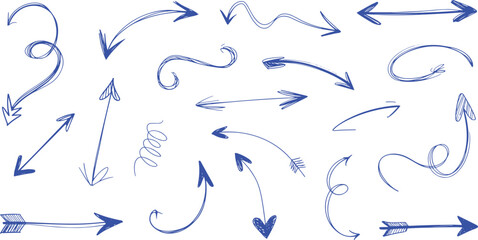 Hand drawn arrow doodles set vector – sketch arrows collection in swirl, curve, and straight styles for infographic, direction, or creative design