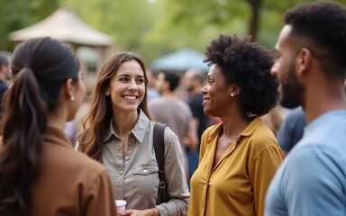Group of diverse people socializing at an outdoor event. Smiling individuals, lively conversation. Mixed genders and ethnicities enjoying the gathering. Diverse people talking together. High quality