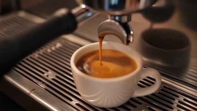 Coffee pouring into small cup, professional coffee machine brewing espresso, slow motion