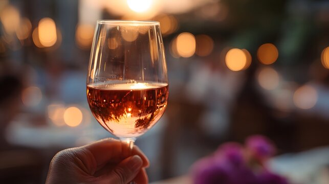 Hand holding a glass of rose wine with blurred background lights. - Powered by Adobe