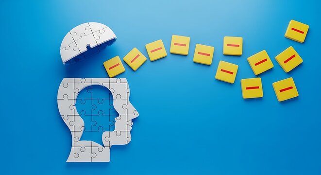 Conceptual 3d rendering of a human head silhouette with an open top revealing yellow blocks with minus signs exiting into space