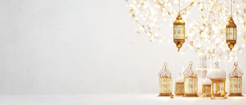 White and gold lantern background, perfect for advertisements, websites, and sophisticated content.