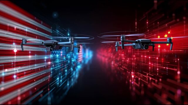 Tech Cold War. USA China symbolic. AI semiconductor cyber. cyber warfare. tech sanctions. AI dominance. Drones facing off with USA and China flags in a digital space.