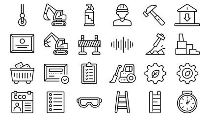 Construction equipment and safety gear icons set for building and industrial projects design needs