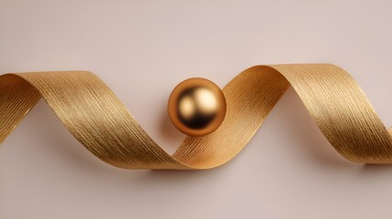 Fototapeta premium A gleaming golden sphere rests gracefully upon a flowing textured ribbon against a soft neutral background, creating an elegant composition.