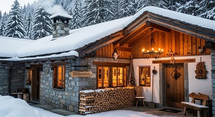 Cozy Snow Covered Cabin in a Winter Forest.