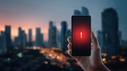 Hand holding smartphone with error warning in city at dusk.