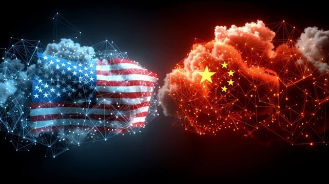 Tech Cold War. USA China symbolic. AI semiconductor cyber. cyber warfare. tech sanctions. AI dominance. Abstract representation of USA and China in a tech rivalry theme.