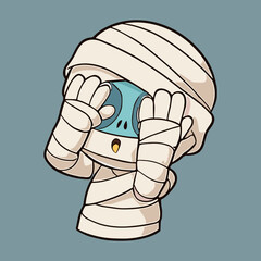 A cute cartoon mummy peeks out with blue eyes wide