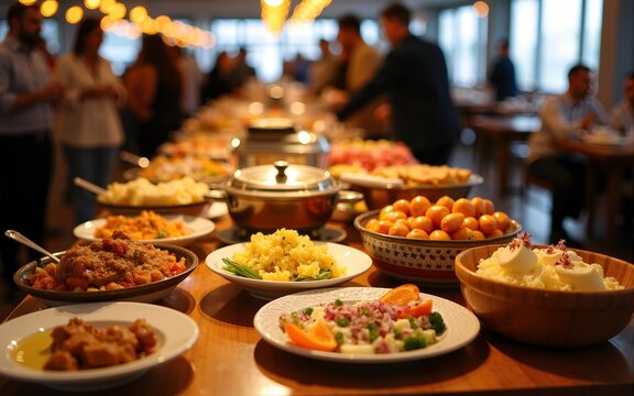 A vibrant indoor catering buffet setup in a restaurant with various dishes and desserts. People are seen in the background, suggesting a social gathering or celebration. High quality