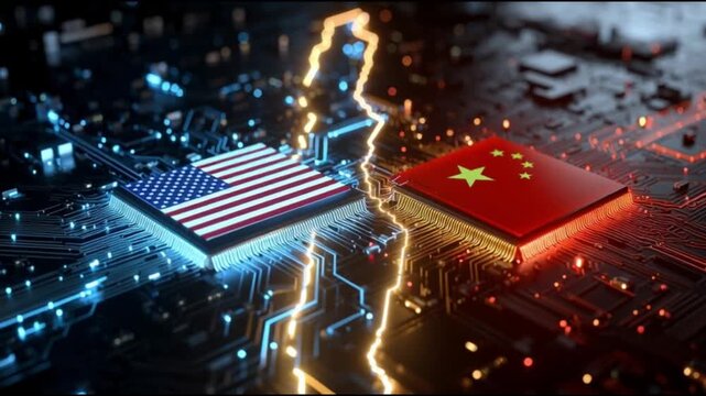 Tech Cold War. USA China symbolic. AI semiconductor cyber. cyber warfare. tech sanctions. AI dominance. Symbolic representation of USA and China tech rivalry on a circuit board.