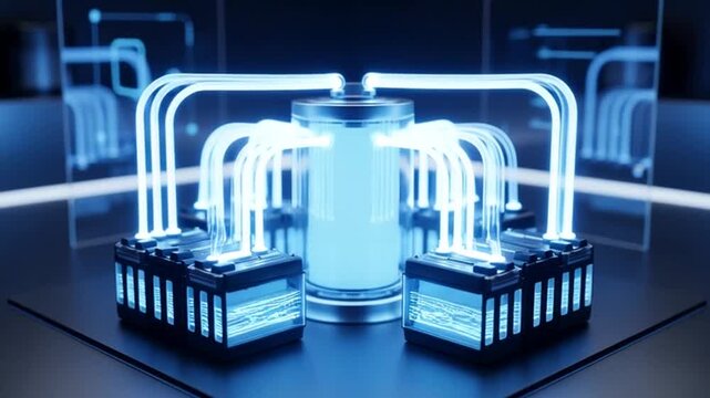 Futuristic Battery Charging System with Glowing Energy Transfer and Digital Interface Display.