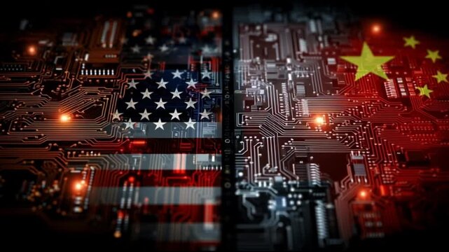 Tech Cold War. USA China symbolic. AI semiconductor cyber. cyber warfare. tech sanctions. AI dominance. Digital representation of USA and China tech rivalry.