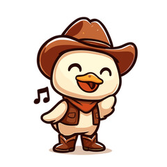 Delightful Chick Cowboy waves with musical notes nearby